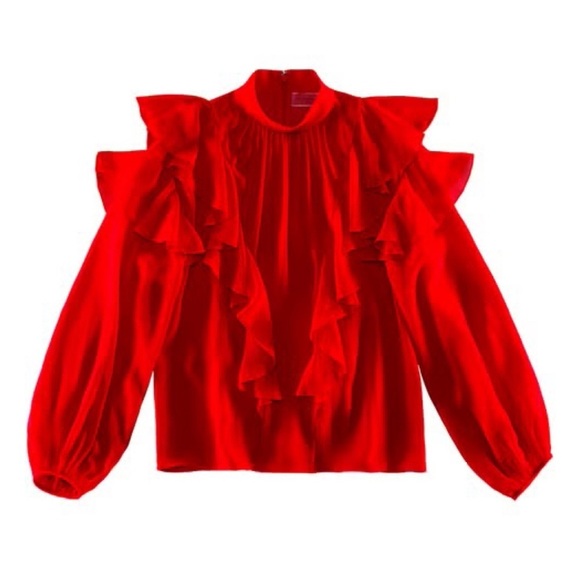 GiAMBATTiSTA VALLi x HM Red Silk Chiffon Blouse Sheer Cascade Ruffle Long Sleeve - Picture 2 of 10